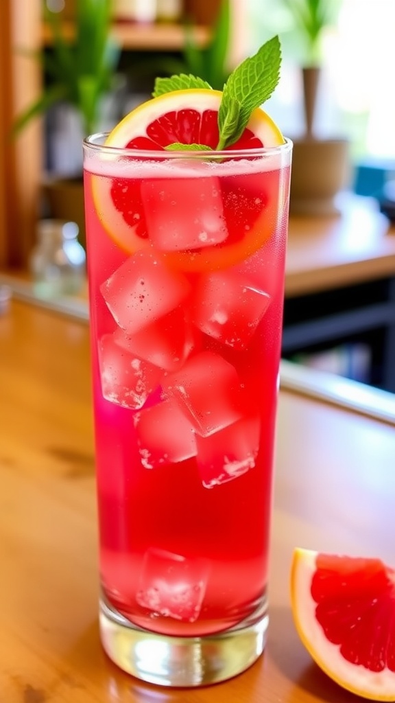 A refreshing Ruby Red Vodka Fizz cocktail with grapefruit slice and mint, served in ice-filled glass.